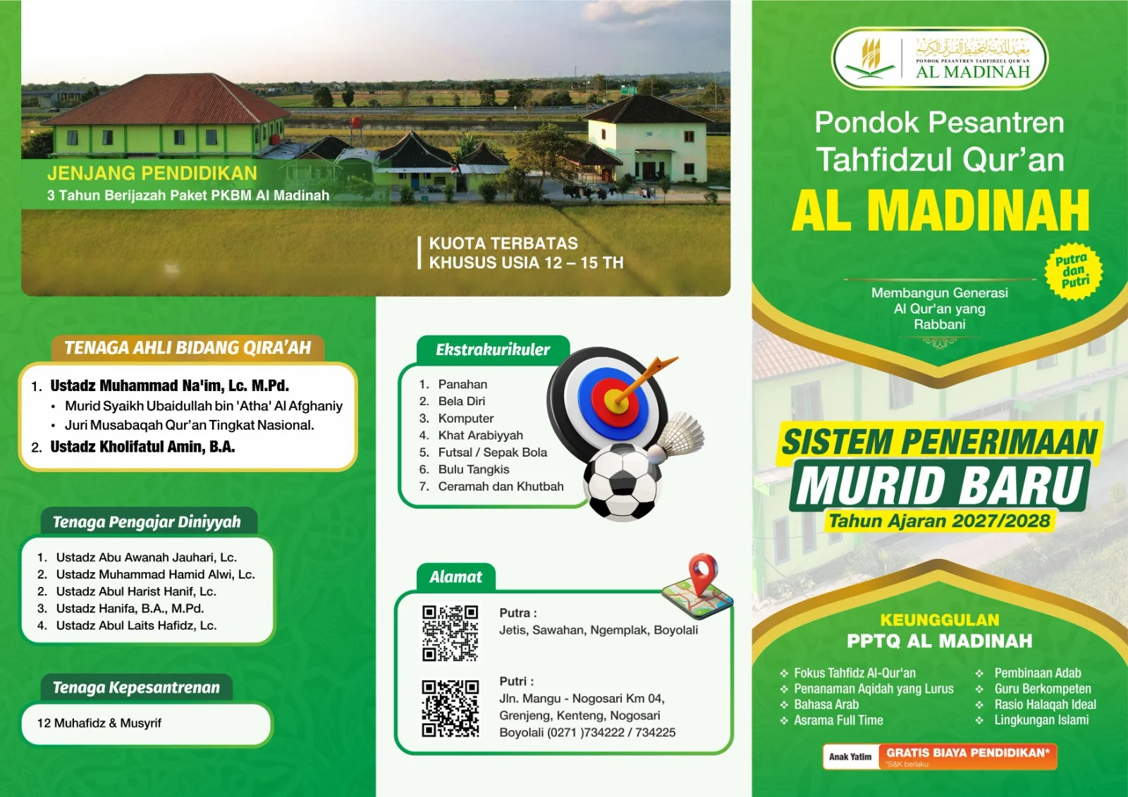 Program Unggulan Tahfidzul Qur'an di Pondok Pesantren Al Madinah Boyolali Banner informasi Sistem Penerimaan Murid Baru (SPMB) 2027/2028 Pondok Pesantren Tahfidzul Qur'an Al Madinah Boyolali, menampilkan program ekstrakurikuler dan tenaga ahli bidang qira'ah