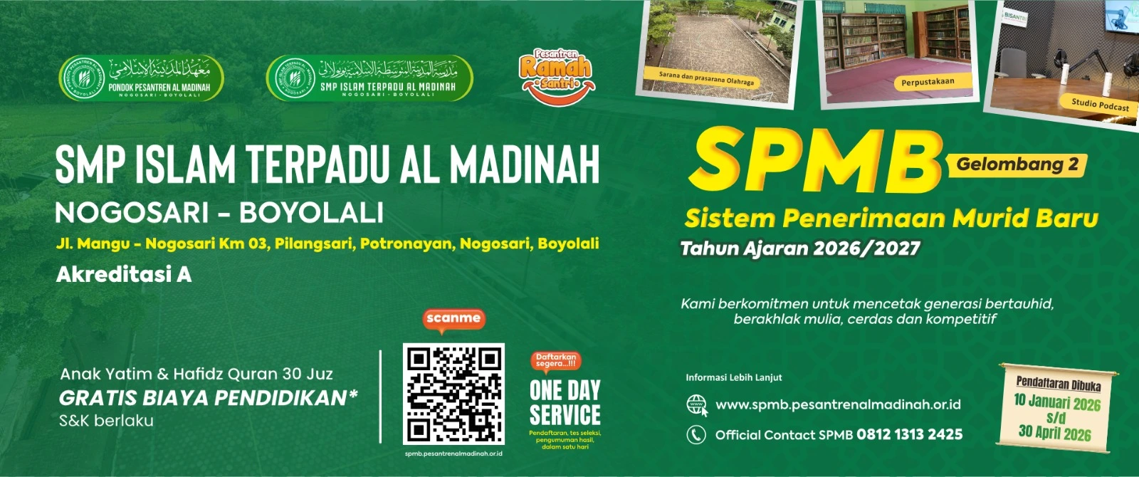 Banner SPMB SMP Islam Terpadu Al Madinah Nogosari Boyolali Tahun Ajaran 2026 2027 Gelombang 2 lengkap informasi pendaftaran